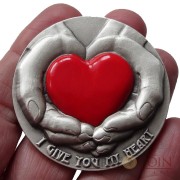 Niue Island I GIVE YOU MY HEART Silver COIN OF LOVE $5 MAX Relief 2016 Antique finish Hand Painted red glossy heart element 3 oz